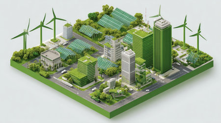 This image showcases a modern urban city with green architecture featuring wind turbines and solar panels, highlighting sustainable living and environmental harmony.の素材
