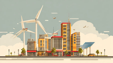 This illustration showcases a modern urban landscape with wind turbines and solar panels, emphasizing sustainable living and eco-friendly technology in a vibrant city.の素材