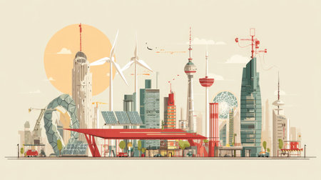 This illustration showcases a vibrant city skyline featuring modern architecture, sustainable energy sources, and a warm sun, representing progress and innovation.の素材