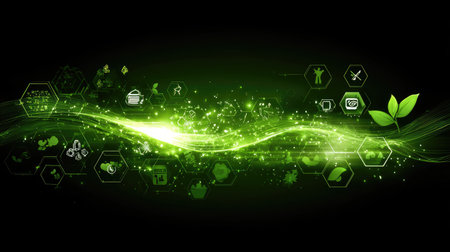 This vibrant digital illustration features a flowing green wave adorned with eco-icons that symbolize sustainability, nature, and innovation. Ideal for projects emphasizing environmental themes.の素材