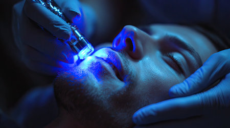 A close-up image showcases a man enjoying a facial treatment using blue light therapy, highlighting advanced skincare techniques in a serene spa atmosphere.の素材