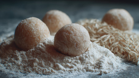 A close-up composition featuring raw balls of dough and grains of rice resting on a textured kitchen surface showcases the essence of culinary preparation.の素材