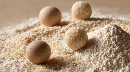 This image captures the essence of natural ingredients, featuring flour and sesame seeds with wooden balls, showcasing texture and rustic appeal for culinary projects.の素材