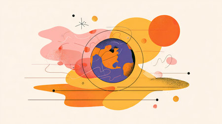 This abstract illustration features the Earth encapsulated in vibrant colors and shapes, capturing a modern aesthetic with energetic elements.の素材
