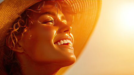A happy woman with curly hair wearing a sun hat enjoys a beautiful sunset at the beach, radiating joy and capturing the essence of summerの素材