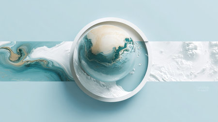 This artistic abstract composition features a spherical Earth nestled in a textured ocean background, exuding elegance and tranquility with soft tones.の素材