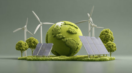 A visually appealing concept representing eco-friendly energy, featuring wind turbines, solar panels, and a green globe on a grass landscape, emphasizing sustainability and innovation.の素材