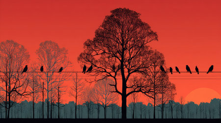 A captivating silhouette of trees and birds perched on a wire, framed by a stunning sunset sky in vibrant orange and purple shades, evokes peace.の素材