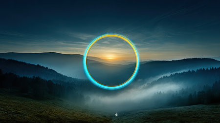 A breathtaking landscape showcasing a vibrant circular light during sunrise, illuminating misty mountains and a lush green valley in serene beauty.の素材