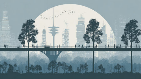 A captivating urban skyline silhouette with trees and people on a bridge at dusk. The serene backdrop features a large moon and wind turbines, evoking a harmonious interaction between nature and modern life.の素材