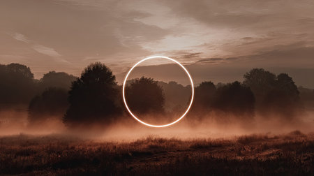 This captivating image showcases a serene sunrise with fog enveloping silhouettes of trees. The soft glow creates a mystical atmosphere, perfect for nature lovers.の素材