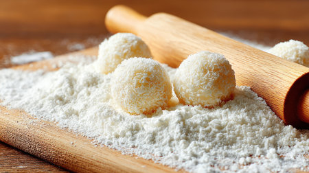 Indulge in the visual appeal of soft coconut balls resting on a generous layer of flour. Perfect for dessert preparation, this image showcases the artistry of baking with simple ingredients.の素材