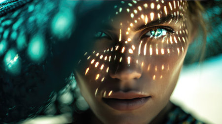 A mesmerizing close-up portrait of a woman showcasing shadow patterns across her face, created by sunlight filtering through a hat, radiating beauty and elegance.の素材