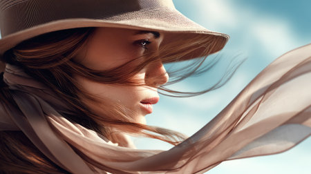 A captivating portrait of a woman in a hat, showcasing her long hair flowing in the breeze. The serene background complements her beauty, evoking elegance.の素材