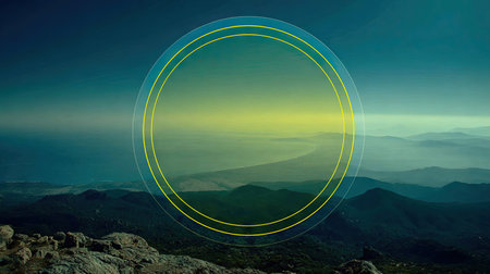 Explore a captivating mountain view featuring a geometric circular design with vibrant color gradients. Ideal for projects seeking natural beauty and tranquility.の素材