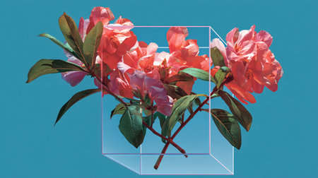 A stunning arrangement of vibrant pink flowers is artfully displayed within a transparent geometric glass box against a solid turquoise background, highlighting the beauty of nature.の素材