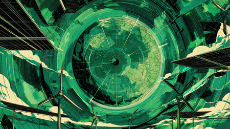 This captivating illustration showcases a futuristic city powered by renewable energy sources like wind turbines and solar panels, set against a vibrant green sky.の素材