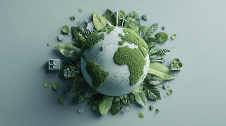 This visually stunning image embodies a sustainable world through green plants and renewable energy elements, emphasizing the importance of eco-friendly living.の素材