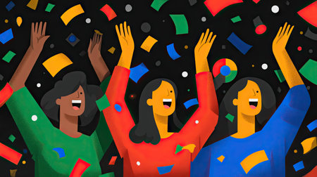 This vibrant illustration showcases a diverse group of happy individuals celebrating joyfully amidst a colorful confetti backdrop, depicting a festive atmosphere.の素材