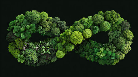 A mesmerizing infinity symbol crafted from a variety of lush green trees and plants, illustrating the beauty of nature and ecological balance.の素材