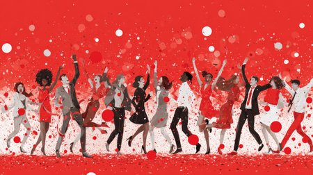 A lively group of diverse individuals celebrates joyfully, dancing against a vibrant red background filled with colorful confetti, exuding happiness and energy.の素材