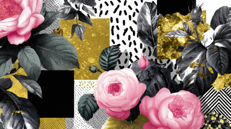This vibrant floral pattern features elegant roses among geometric shapes in black, white, and gold. Perfect for modern decor and nature-inspired projects.の素材