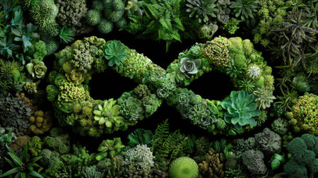 This striking image features a lush arrangement of various green plants and succulents forming a beautiful infinity symbol, symbolizing endless growth and abundance in nature.の素材