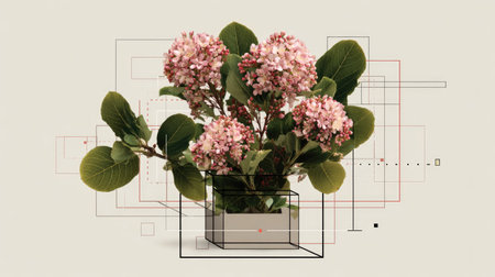 A stunning display of pink flowers coupled with lush green leaves, set against a clean geometric background, perfect for modern design and aesthetic projects.の素材