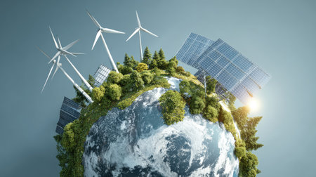This captivating image showcases a miniature planet featuring wind turbines and solar panels, symbolizing sustainable energy and environmental harmony.の素材