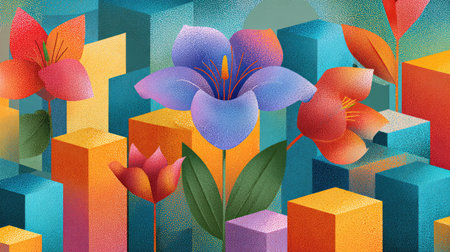 This stunning artwork showcases a vibrant arrangement of flowers combining modern abstract shapes and a colorful background, perfect for decoration.の素材