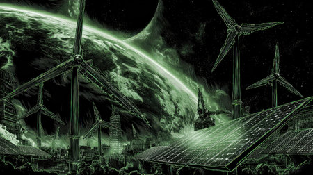 A stunning illustration showcasing a futuristic green city filled with wind turbines and solar panels under a starry night sky, emphasizing renewable energy.の素材