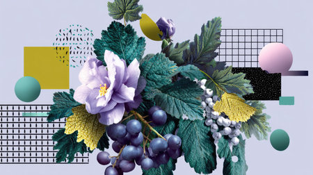 A stunning floral arrangement featuring grapes and leaves, interspersed with geometric shapes in soft pastel colors, perfect for modern design projects or decor.の素材
