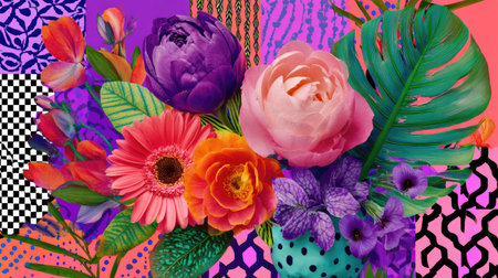 A vibrant and colorful floral arrangement featuring a mix of flowers and bold patterns, perfect for adding a lively touch to any design project or decor.の素材
