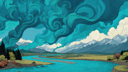 A stunning landscape illustration showcasing a winding river surrounded by majestic mountains, dramatic swirling clouds, and vibrant earthy colors, evoking tranquility.の素材