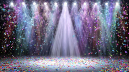 Vibrant stage scene capturing colorful confetti falling gracefully under bright spotlights, perfect for events, celebrations, and joyful occasions.の素材