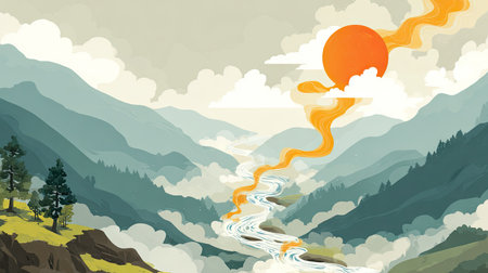 This serene valley landscape captures the beauty of a sunrise over misty mountains, with a flowing river winding through lush greenery, creating a peaceful ambiance.の素材