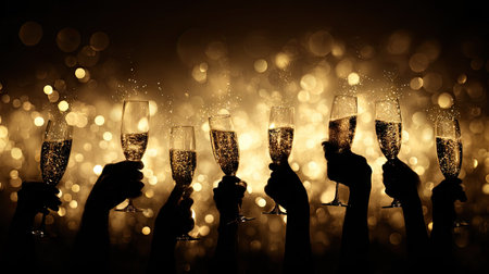 A captivating celebration scene featuring hands clinking sparkling wine glasses against a shimmering golden bokeh backdrop, highlighting joy and togetherness.の素材