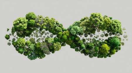 A captivating aerial view of lush green trees arranged in the shape of an infinity symbol, symbolizing sustainability and the enduring beauty of nature.の素材
