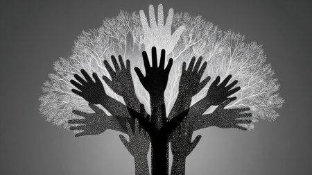 This abstract artwork illustrates hands forming a tree, symbolizing growth, unity, and connection. The design highlights themes of collaboration and harmony.の素材