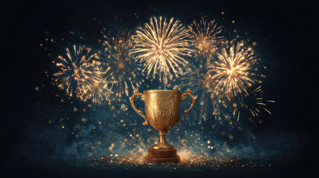 A stunning golden trophy stands as the centerpiece illuminated by vibrant fireworks, creating a magical and celebratory atmosphere perfect for victory and success.の素材