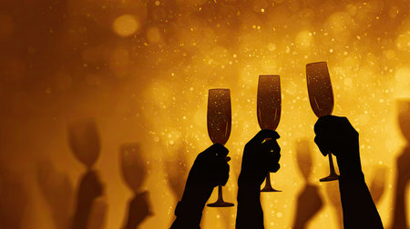 Silhouettes of raised glasses create a joyful atmosphere of celebration, with a glittering golden background enhancing the festive mood during an event.の素材