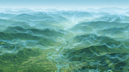 This stunning aerial view captures a serene mountain landscape featuring flowing rivers and lush valleys surrounded by ethereal blue mist, creating a dreamlike atmosphere.の素材