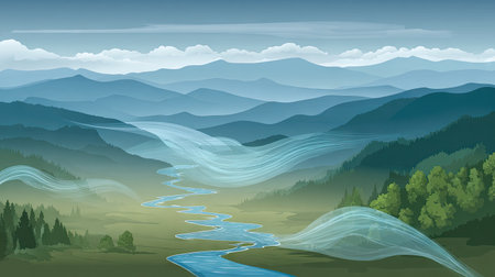 A peaceful landscape showcasing a winding river flowing through misty mountains, enveloped in fog and soft clouds, evoking tranquility and natural beauty.の素材