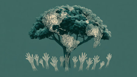 This illustration depicts a tree shaped like a world map, surrounded by hands reaching out. It symbolizes global unity, environmental stewardship, and the importance of caring for our planet, promoting sustainability and collective action.の素材