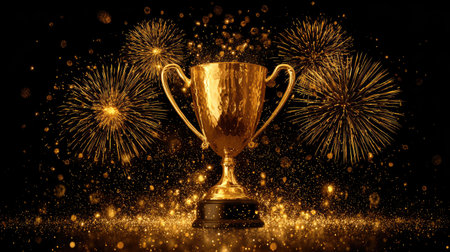 A stunning golden trophy stands proudly among vibrant fireworks, symbolizing celebration and achievement. This captivating scene embodies honor and victory.の素材