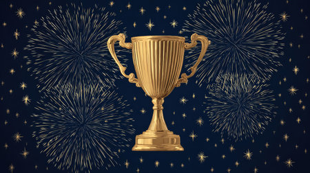 A stunning golden trophy stands prominently amid colorful fireworks in a night sky. This vibrant scene captures the essence of celebration and achievement.の素材