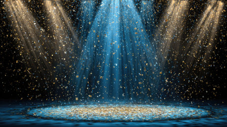 Captivating image featuring an ethereal spotlight casting shimmering gold particles against a dark background. Perfect for event themes and celebrations.の素材