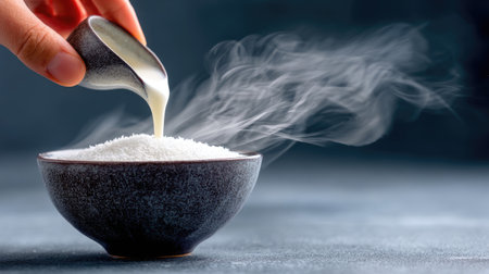 A close-up photo showcasing the art of cooking, featuring a hand pouring cream over a steaming bowl of rice. The steam rises gracefully, highlighting freshness.の素材