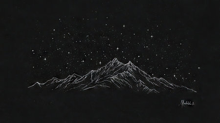 Awe-inspiring monochrome illustration of majestic mountains under a star-studded night sky, evoking feelings of tranquility and cosmic wonder.の素材