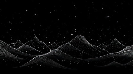 A stunning black and white abstract landscape featuring mountains and a starry sky. The design evokes mystery and tranquility, perfect for creative projects.の素材